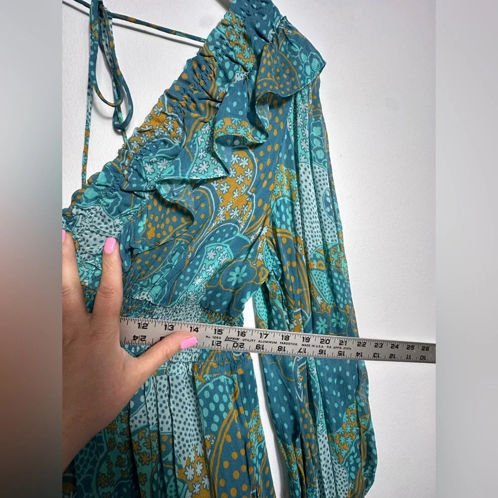 NEW Anthropologie The Odetta Ruffled V-Neck‎ Maxi LS flowy Dress Teal Size  M - Picture 13 of 17
